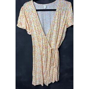 BP Floral Wrap Dress XL Orange Yellow Ditsy Mini Short Sleeve Boho Summer Casual